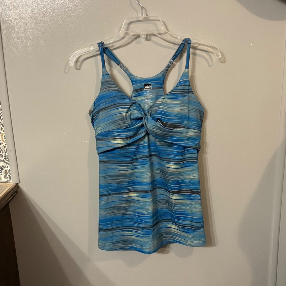REI Blue Grey Striped Twist Front Workout Tank Top Built-In Bra‎ (Women's 12)